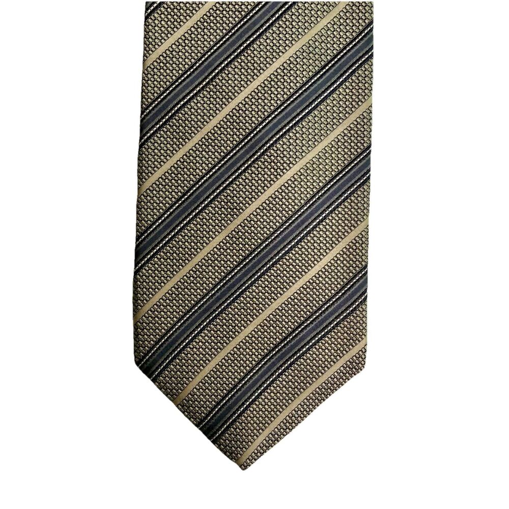 XMI Platinum Men's Silk Tie REPP Beige Tan Blue Striped 60”x 3.5” Classic